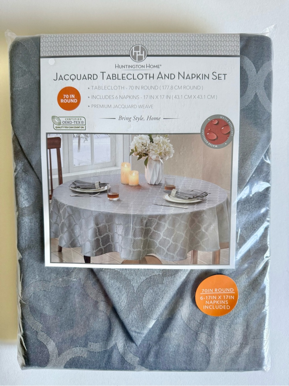 Huntington Home Gray Jacquard 70” Tablecloth & 6 Napkin Set Modern Farmhouse NIP